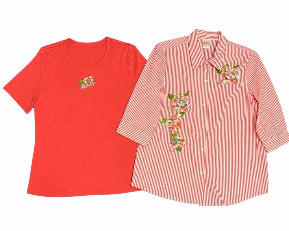 Blair Women’s Embroidered Top Bundle 2 Large Coral Floral Knit & Stripe Shirt
